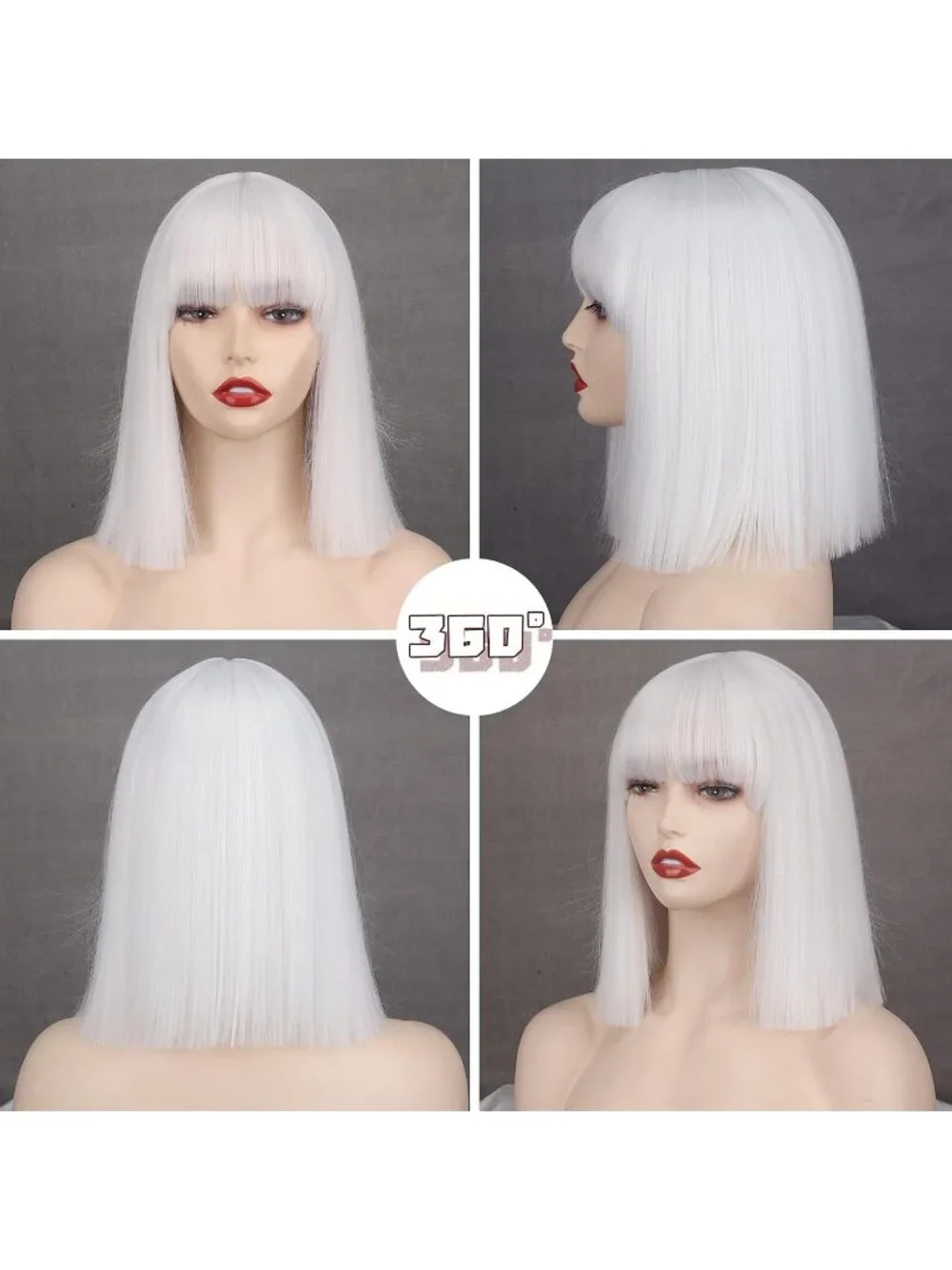 Women's White 11 Inch Heat Resistant Synthetic Short Straight Wigs Bangs